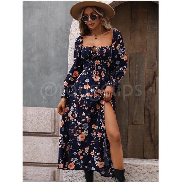 Floral Dress Square Neck Fit & Flare Maxi Long Sleeve Leg Slit Front Ties Blue - Picture 5 of 16